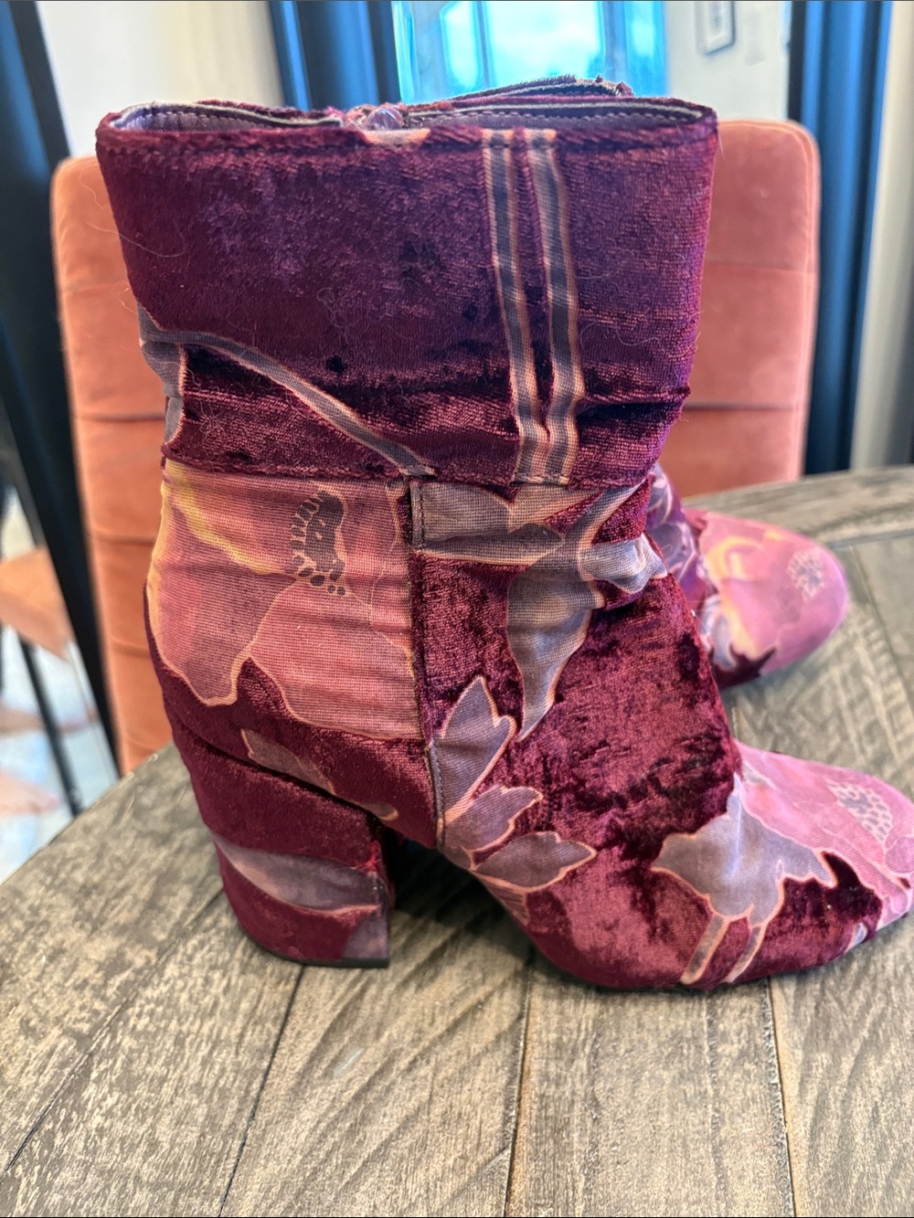 Steve Madden Velvet Floral Burgundy Slip-On Ankle Boots